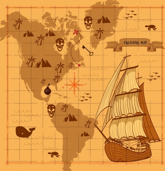 Treasure peta latar belakang antik kapal dekorasi lembar latar belakang