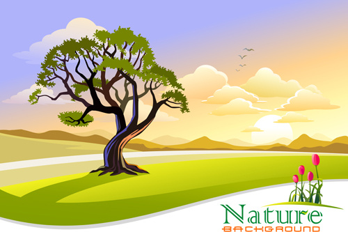 ต้นไม้และธรรมชาติพื้นหลังเวกเตอร์