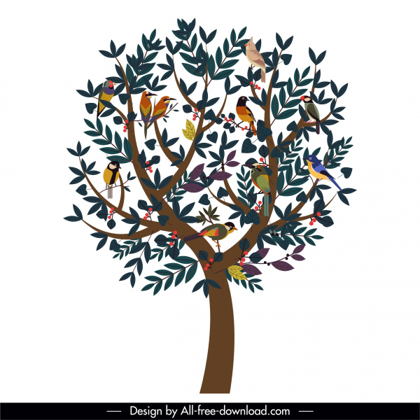 Baum-Ikone perching Vögel üppige Blätter Dekor