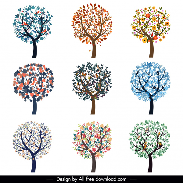 drzewo ikony kolekcja kwitnący szkic kolorowy płaski szkic
