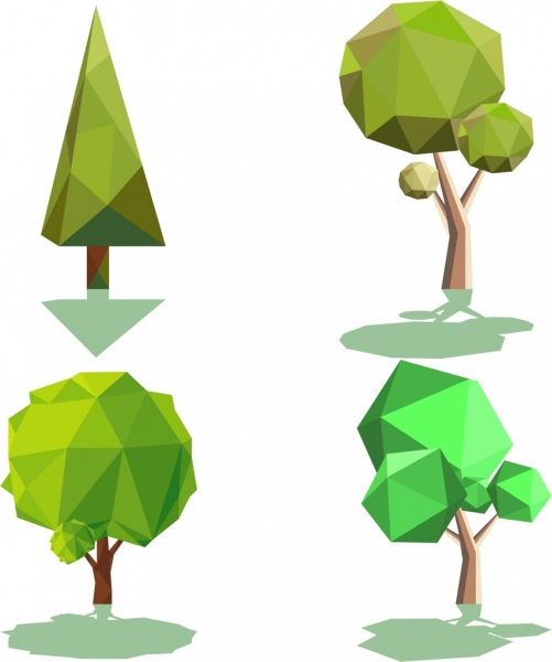 Baum Symbole Sammlung farbiger polygonalen 3D-Design