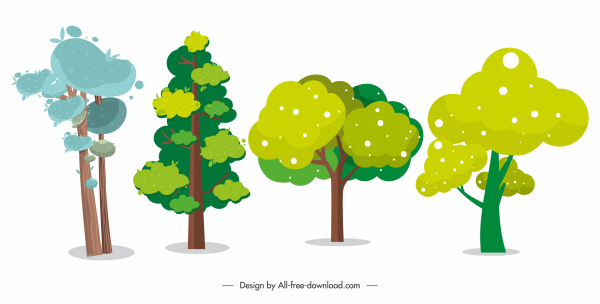 ícones da árvore colorido design clássico desenhado à mão