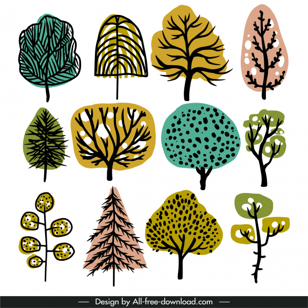 iconos de árbol diseño plano retro dibujado a mano