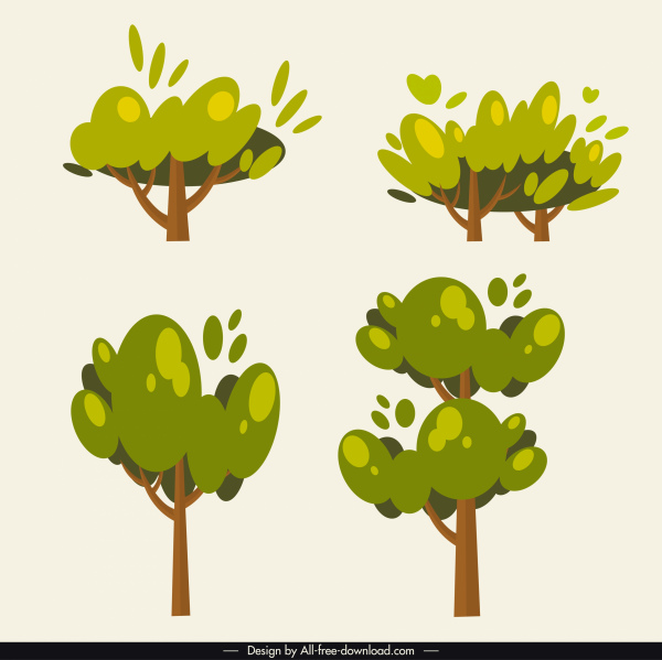 iconos de árbol verde clásico plano dibujado a mano