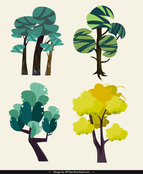 iconos de árbol verde diseño plano dibujado a mano