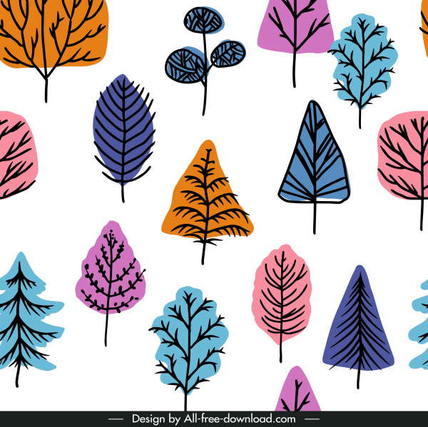 plantilla de patrón de árbol plano dibujado a mano colorido clásico