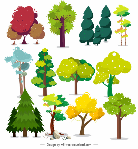 ağaç şekilleri simgeleri renkli klasik eskiz