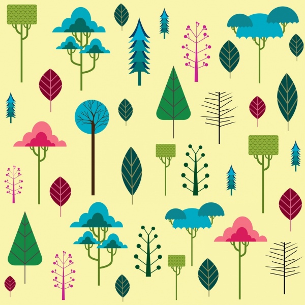 Bäume Hintergrund verschiedene farbige Symbole flaches design