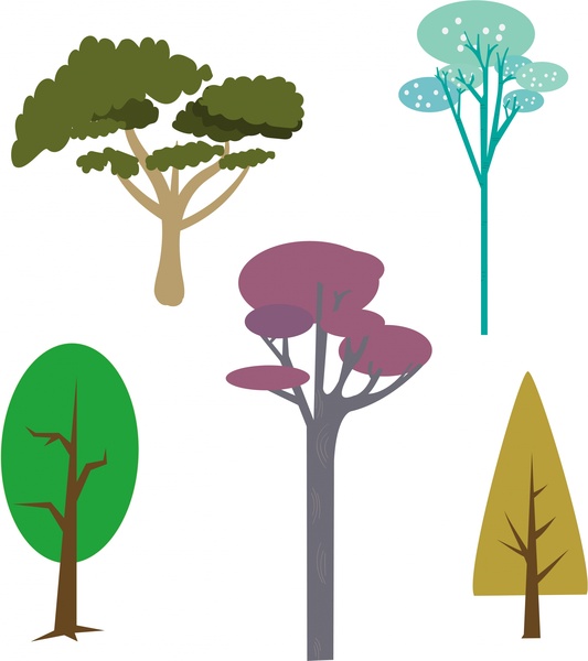 Bäume design Kollektion verschiedene bunte Typen