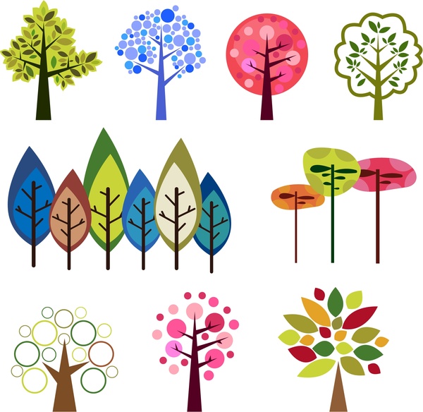 pohon desain dengan warna-warni datar ilustrasi
