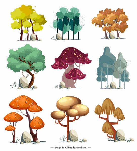 alberi icone collezione colorato classico schizzo disegnato a mano