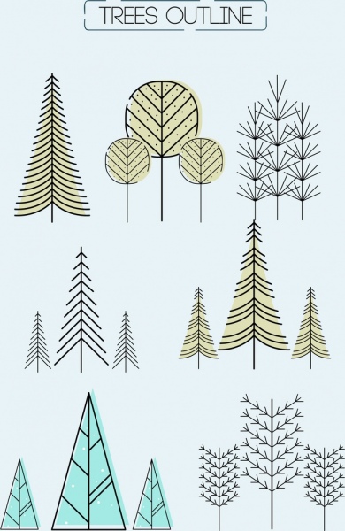 деревья икон коллекции handdrawn линии контура