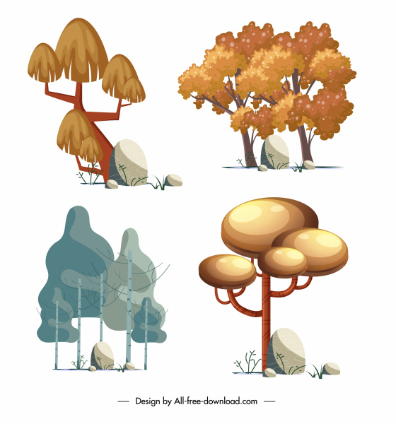樹木圖示彩色經典設計手繪素描
