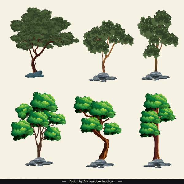 iconos de árboles coloreado boceto moderno