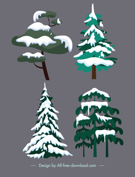 árboles iconos nevado boceto dibujado a mano clásico