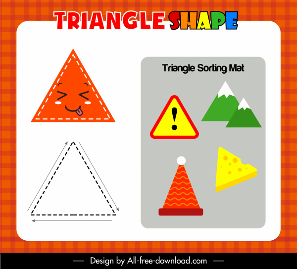 segitiga permainan pendidikan template warna-warni sketsa datar