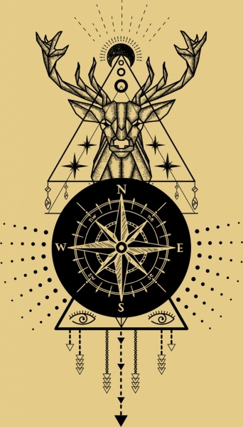 Tribal tło kompas renifer trójkąta słońce ikony szkicu
