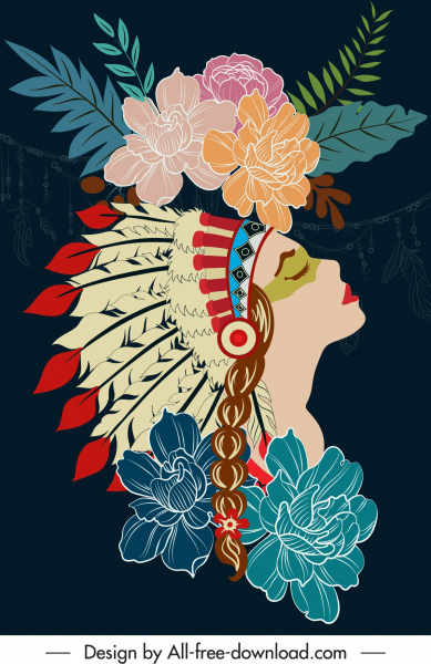 decoração clássica colorida escura da mulher das flores do fundo tribal