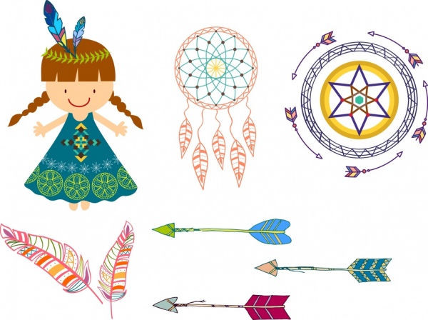 Tribal-Design-Element, das verschiedene farbige Symbole Skizze