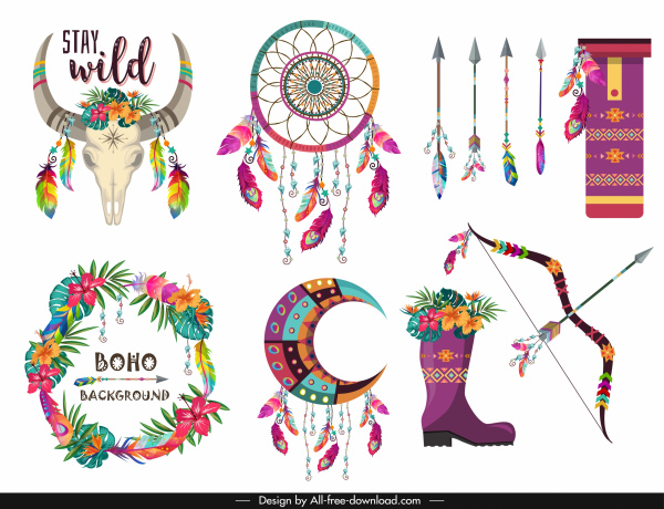 desain suku elemen simbol-simbol klasik yang berwarna-warni dekorasi