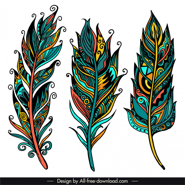 ícones de penas tribais coloridos clássicos desenhados à mão esboço