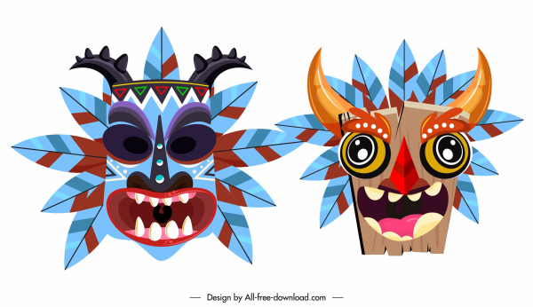 部落面具圖示五顏六色的驚恐的臉素描