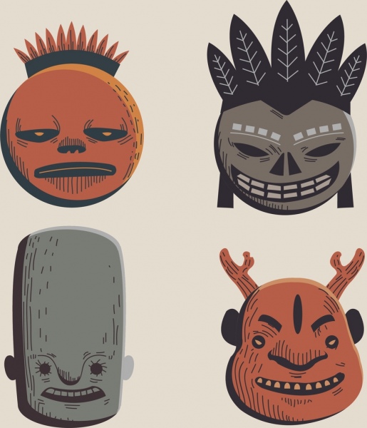 племенных маски коллекция ретро темный дизайн