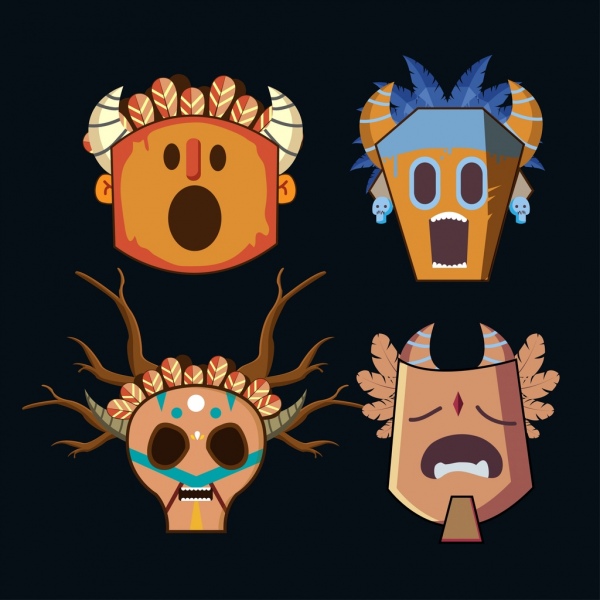 maschere tribali collezione di icone vari tipi spaventosi