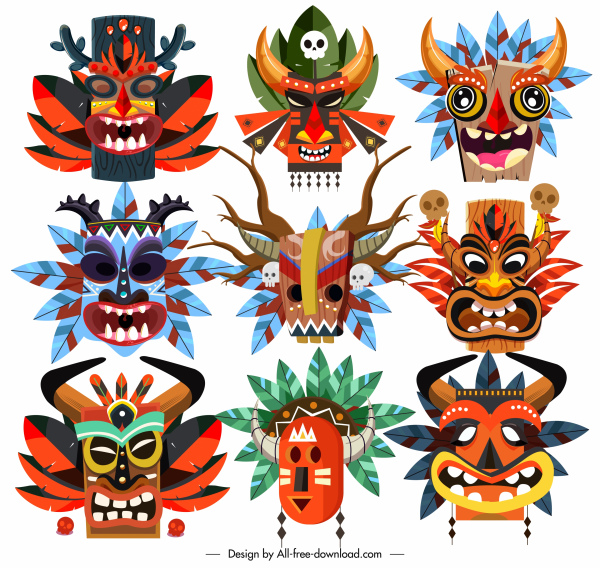 部落面具圖示五顏六色的可怕面孔素描