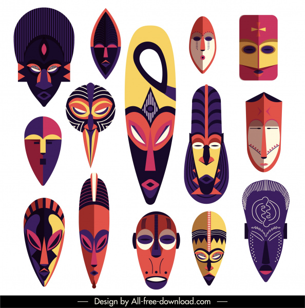 mặt nạ bộ lạc biểu tượng đầy màu sắc kinh dị khuôn mặt phác họa