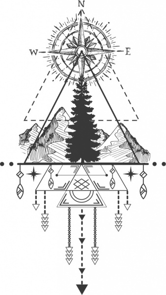 tatuaggio tribale modello bussola montagna icone simmetrica design