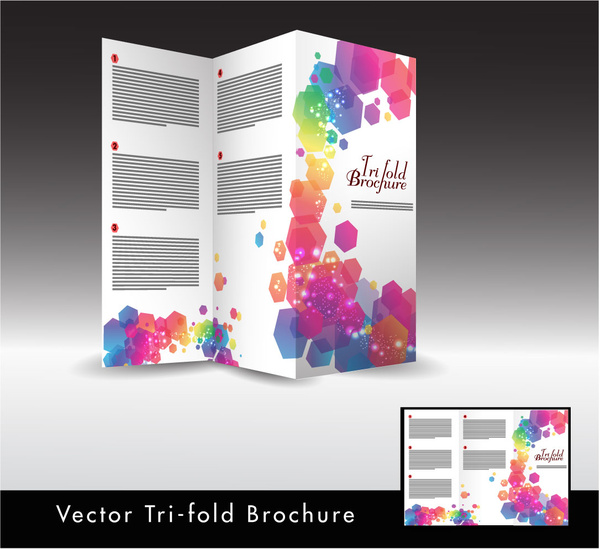 Desain brosur lipat tiga dengan ilustrasi warna-warni hexagon