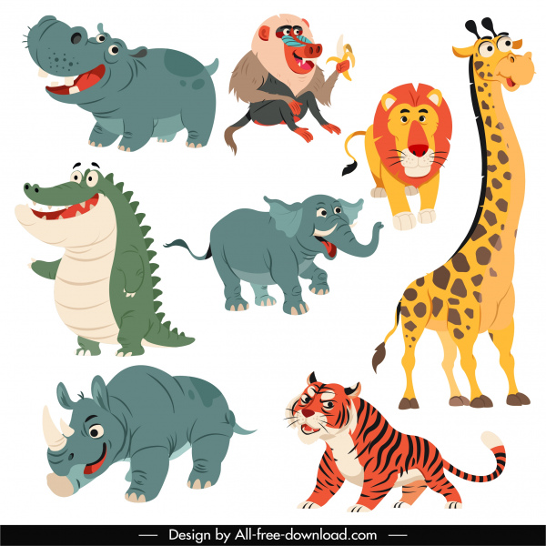 tropische Tiere Ikonen niedliche Cartoon-Charakter-Skizze