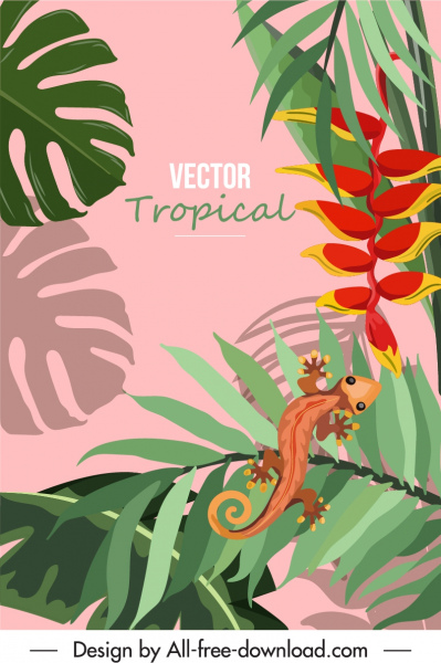 тропический фон флоры листья геккона эскиз красочный классический