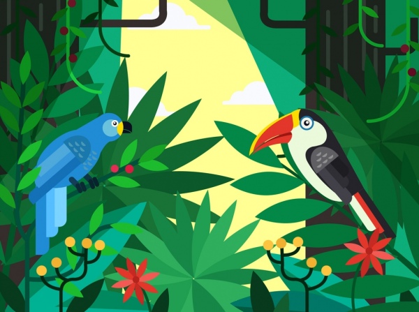 tropischer hintergrund wald pflanzen papageien symbole dekor