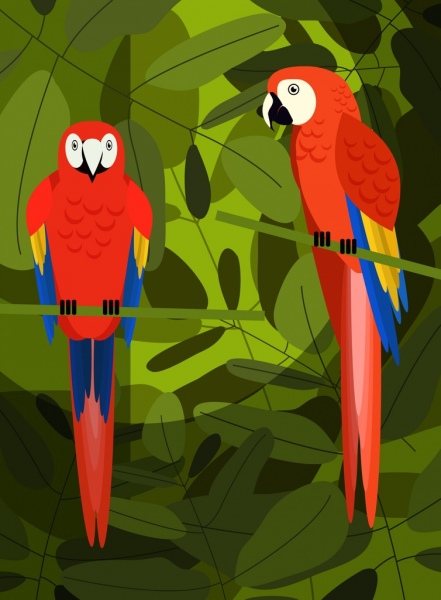 fundo tropical folhas verdes vermelho papagaios ícones decoração