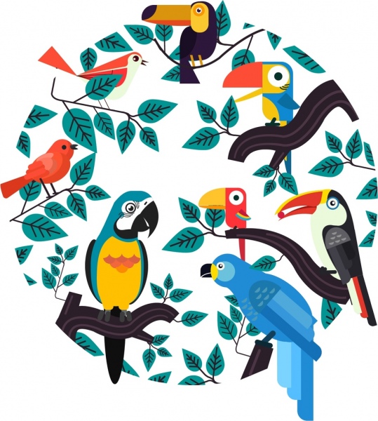 layout de círculo tropical fundo folhas pássaros ícones