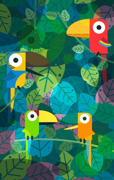 열 대 배경 나뭇잎 앵무새 아이콘 다채로운 클래식 디자인