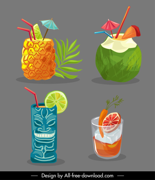 iconos de bebidas tropicales boceto clásico dibujado a mano