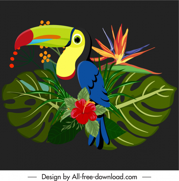 열대 장식 요소 다채로운 앵무새 식물 나무 스케치