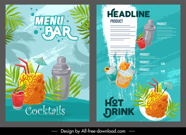 modelos de menu de bebida tropical colorido clássico decoração grunge
