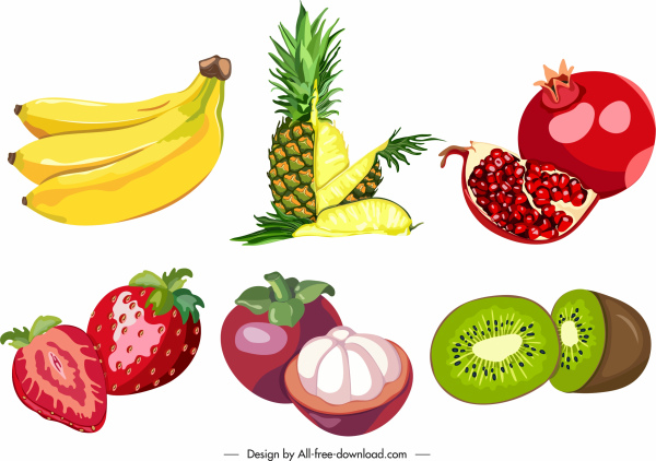 clásico colores de los iconos de frutas tropicales cortadas sketch