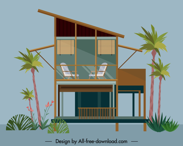 modèle de maison tropicale classique décor croquis plat