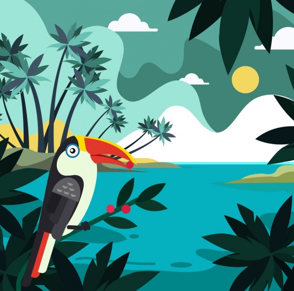 тропический пейзаж фона кокосового море попугай значки