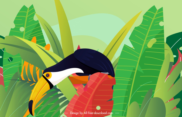 naturaleza tropical pintando hojas coloridas bosquejo de aves tucán
