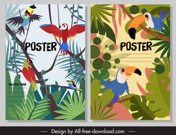 тропические природные плакаты красочные тукан попугаи листья декора