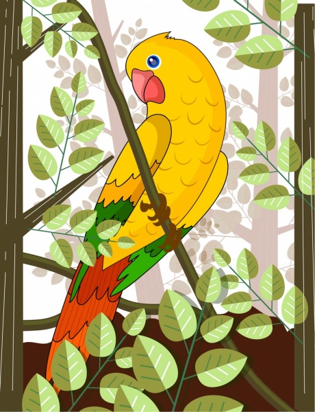 Tropikal Boyama Papağan Yaprağı Simgeler Renkli Dekor