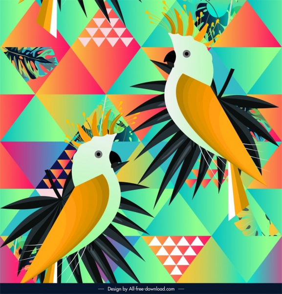 tropis burung beo pola warna-warni dekorasi geometris berulang