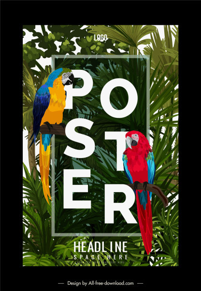 póster tropical plantilla loros árbol boceto moderno colorido
