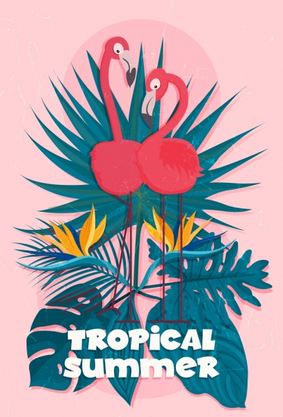 熱帯の夏バナー フラミンゴ葉アイコン クラシックなデザイン